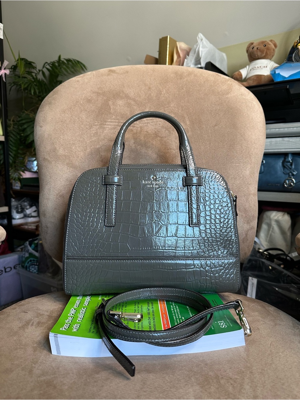 kate spade Gray Croc Embossed Large Dome Satchel Very Good Condition